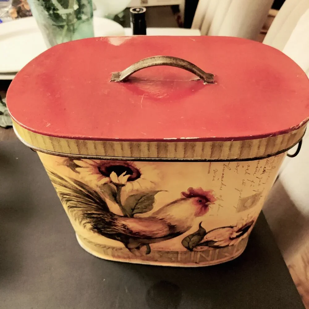 Rooster Box Canister by Home Inspirations Joanne Fabric, with barn red lid.